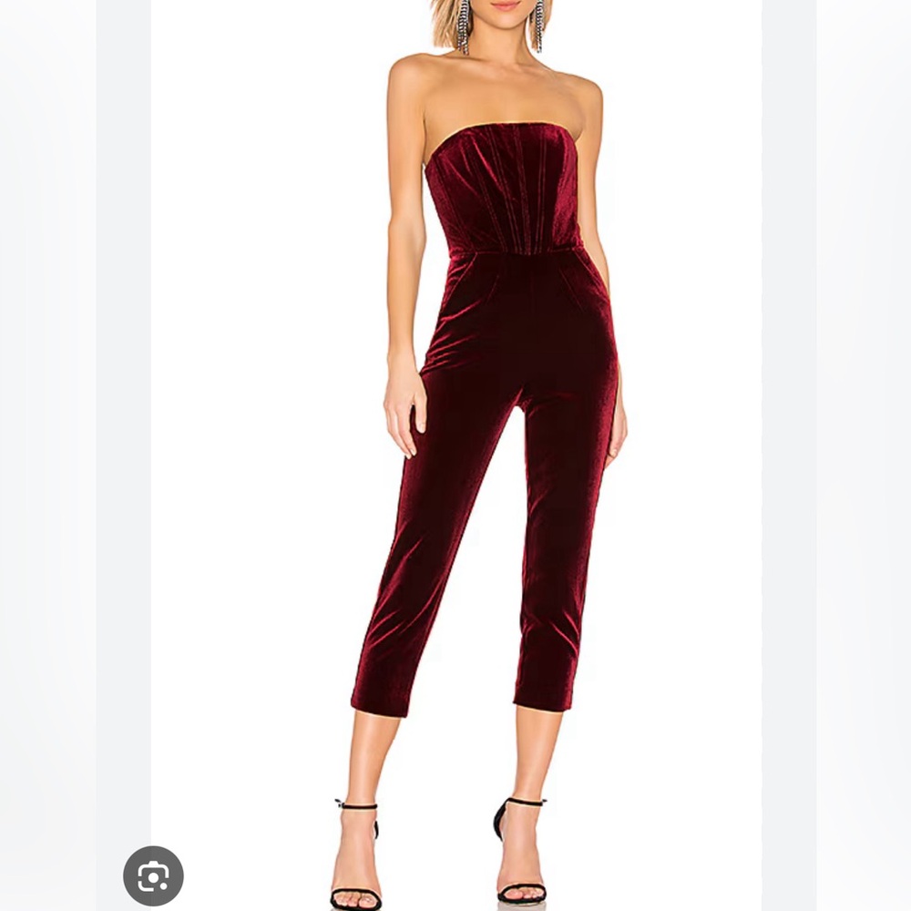 NICHOLAS x REVOLVE STRAPLESS VELVET JUMPSUIT IN BURGUNDY
